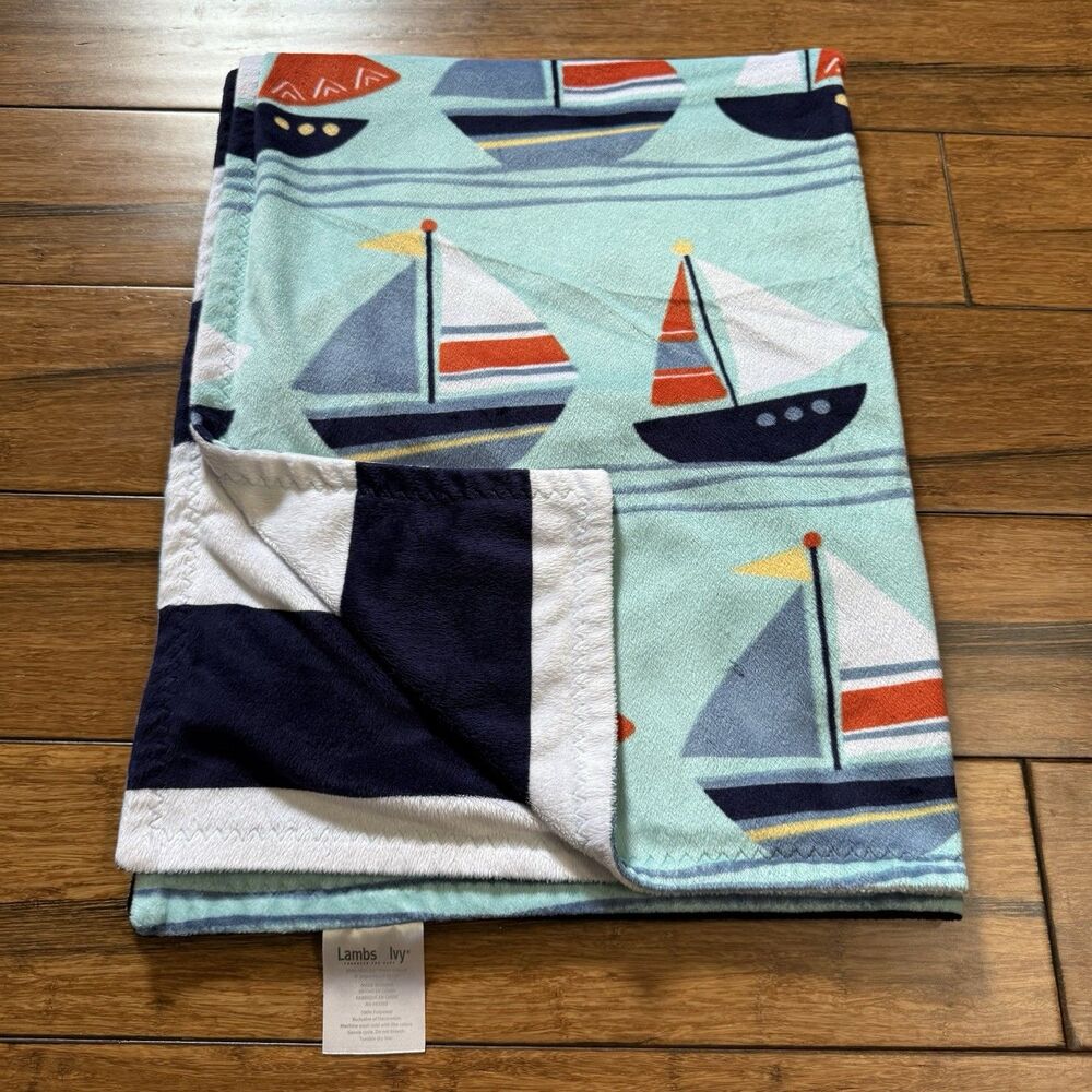 Lambs & Ivy Blanket Boats Nautical Theme Sailboats Blue White Stripes Sailing